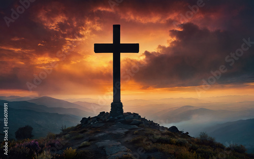 Jesus Christ cross, Christian cross on a background of dramatic sky and fog landscape, sunset