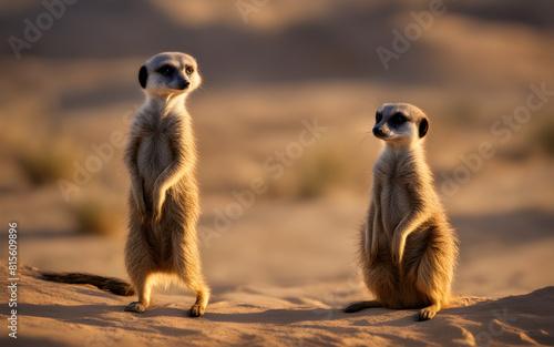 Curious meerkat standing upright on a desert landscape  sunset casting golden hues. Sharp focus on its alert expression