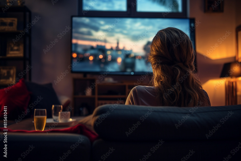 Generative AI image of young person in the living room watching movie Generative AI image of young person in the living room watching movie
