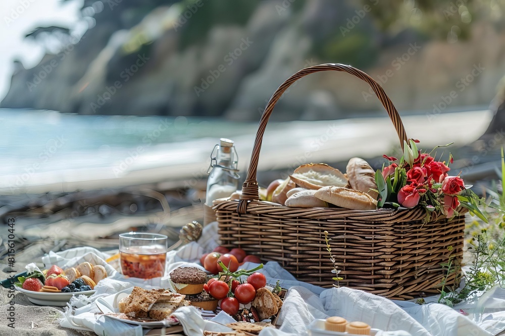 A picnic basket brims with delectable treats, fueling a romantic seaside rendezvous A picnic basket brims with delectable treats, fueling a romantic seaside rendezvous