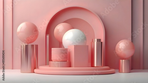 Podium for product mockup in soft pink color with balloons © Moments