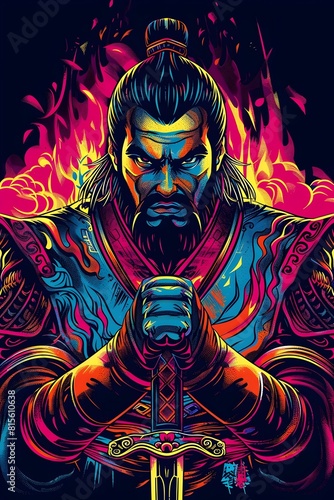 Powerful and Fearsome Warrior Xu Chu in Vibrant Synthwave Esports
