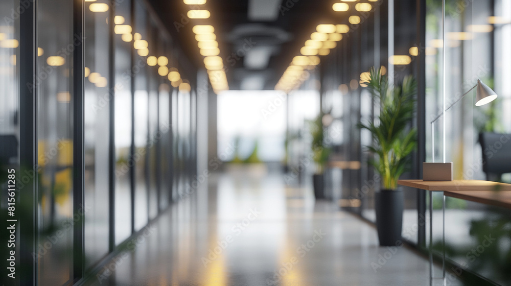 Modern office hallway with glass walls and plants. Generative AI Modern office hallway with glass walls and plants. Generative AI