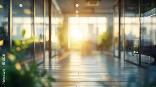  Modern office hallway with glass walls and plants. Generative AI