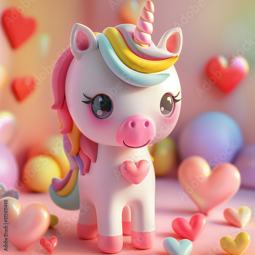 3D  cute  colorful unicorn for valentines day