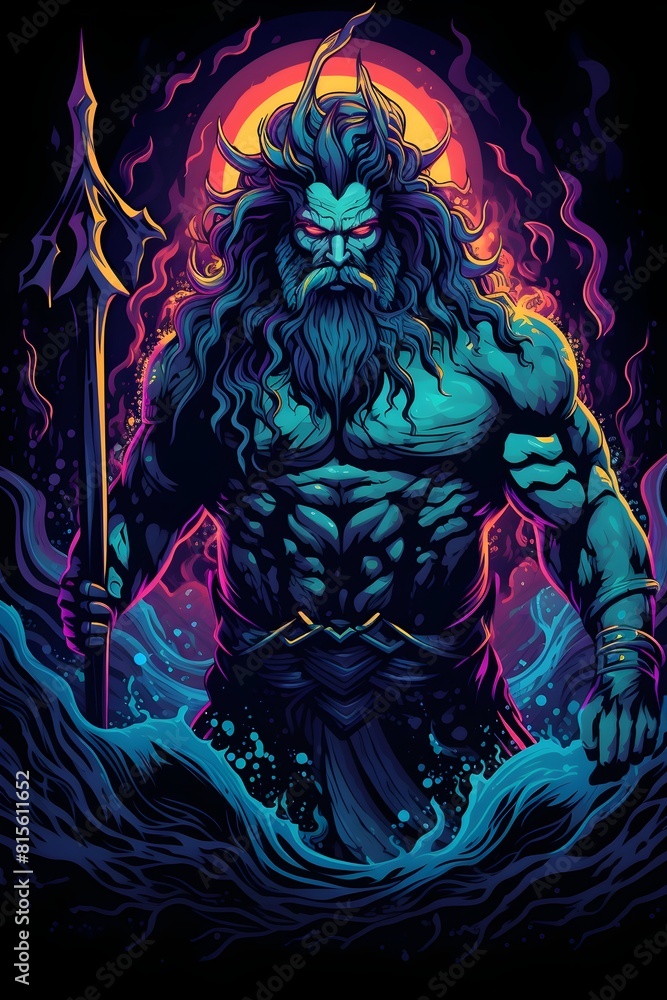 Powerful Poseidon the Mighty Sea God in Vivid Synthwave