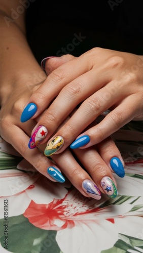 Close-up of a hand with vibrant blue nail polish and intricate artistic designs including abstract and figurative elements.concept of a beauty and personal care salon