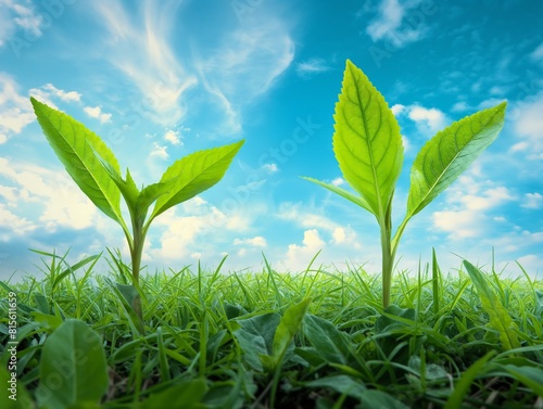 Young green plants sprout from lush grass against a vibrant blue sky  symbolizing growth and new life