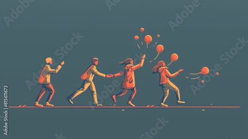 Illustration of business people giving high fives and clapping with floating balloons against a blue background.