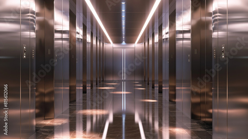 Modern Elevator Hallway with Reflective Surfaces and Ambient Lighting. Copy space. Generative AI 