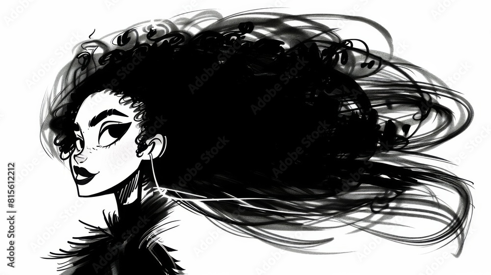 Monochrome illustration of a smiling woman with an afro hairstyle and flowing hair. Monochrome illustration of a smiling woman with an afro hairstyle and flowing hair.