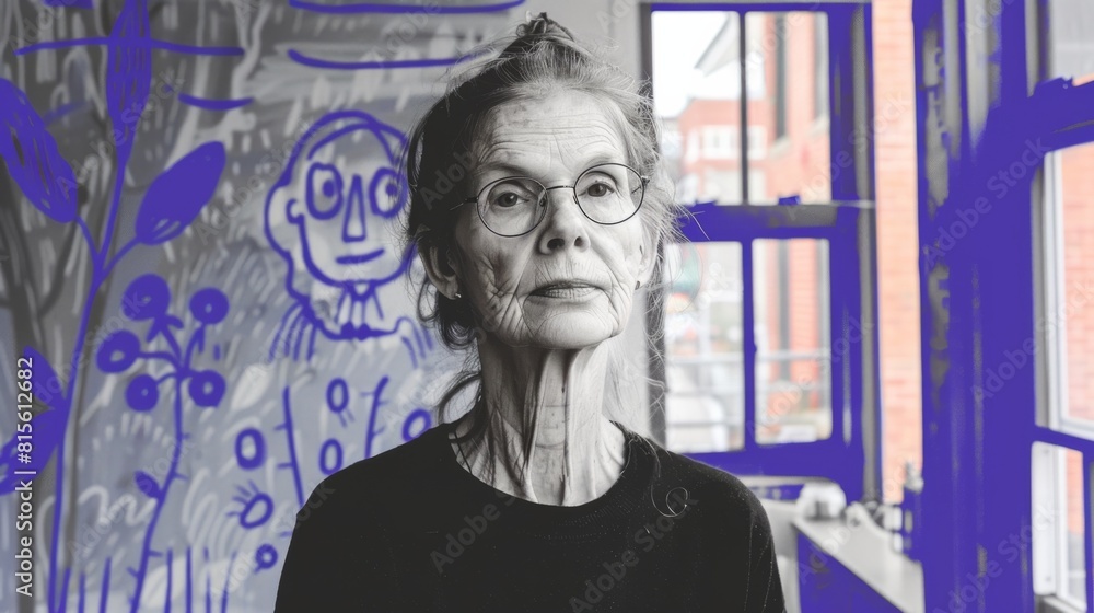 Black and white close-up of a senior woman in a black t-shirt and eyeglasses, with colorful illustrations in background. Black and white close-up of a senior woman in a black t-shirt and eyeglasses, with colorful illustrations in background.