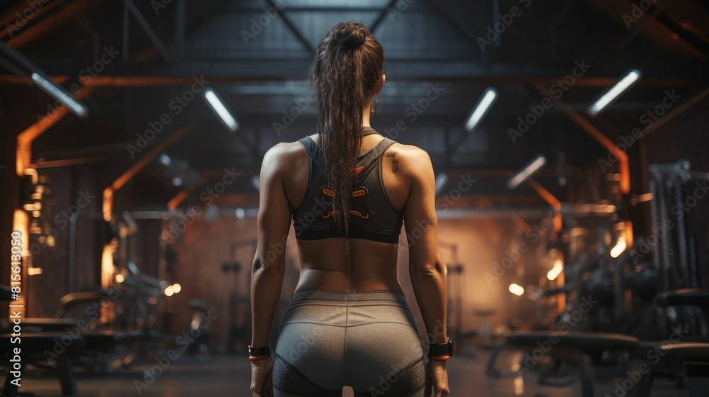 Rear view of a focused female athlete wearing a sports outfit, standing ready in a modern gym environment lit by atmospheric lights.
Rear view of a focused female athlete wearing a sports outfit, standing ready in a modern gym environment lit by atmospheric lights.