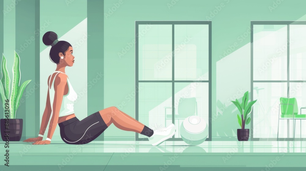 Fit young woman rests on gym floor near a medicine ball, depicted in a serene, stylized illustration with plants and large windows. Fit young woman rests on gym floor near a medicine ball, depicted in a serene, stylized illustration with plants and large windows.