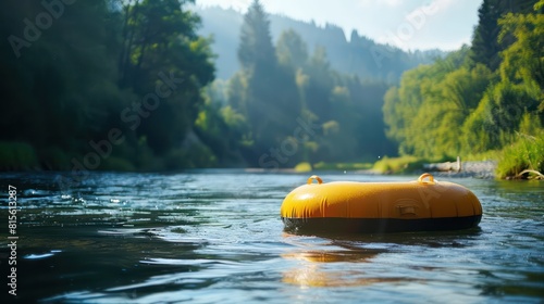 Lifebuoy floating in river in an inner tube, soaking up the warmth of the sun and the beauty of the surrounding scenery. photo