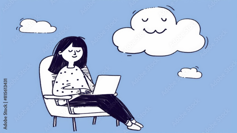 Content Asian businesswoman working on laptop with a cheerful cloud above in a blue-hued illustration. Content Asian businesswoman working on laptop with a cheerful cloud above in a blue-hued illustration.
