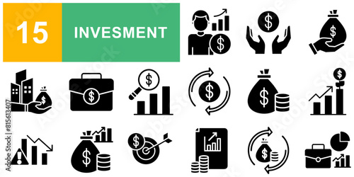 set of 15 outline web investment icons such as venture capital, market, dollar cost average, dividends, portfolio, growth, real estate, investment