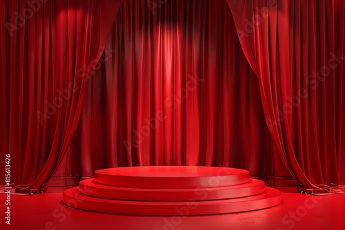 Classic product display podium against a red background, with dramatic red curtains to draw attention to the center
