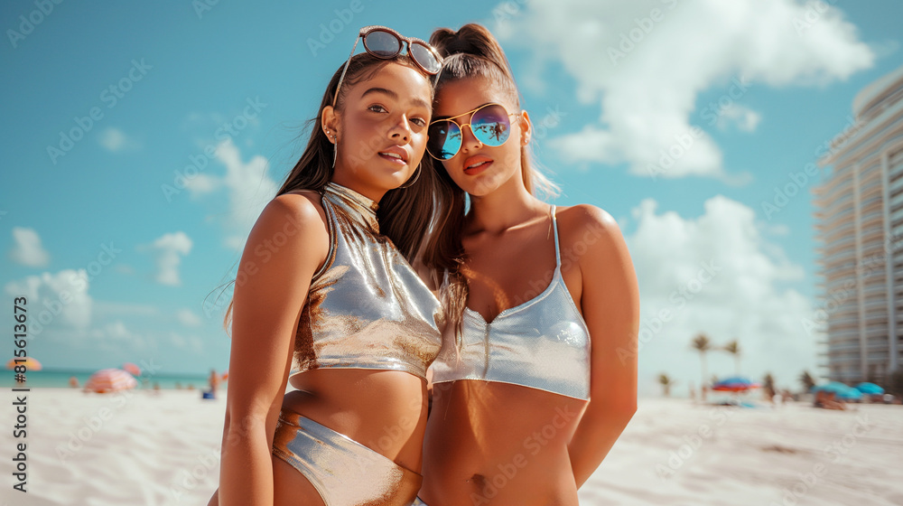 Two friends wearing metallic swimsuits at the beach on a sunny day. Generative AI Two friends wearing metallic swimsuits at the beach on a sunny day. Generative AI