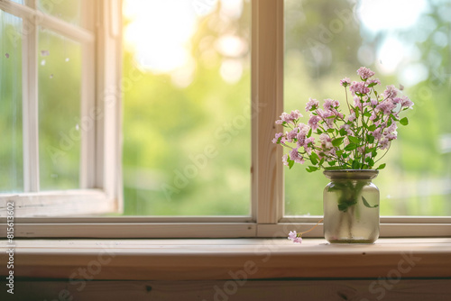 Delicate pink flowers in a glass jar placed on a windowsill with sunlight streaming through the open window