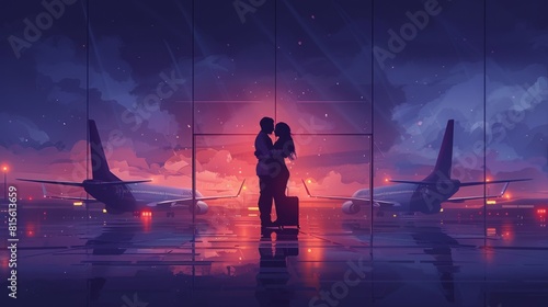 A silhouette of an African couple embracing at an airport, with planes and a vibrant sunset in the background. photo