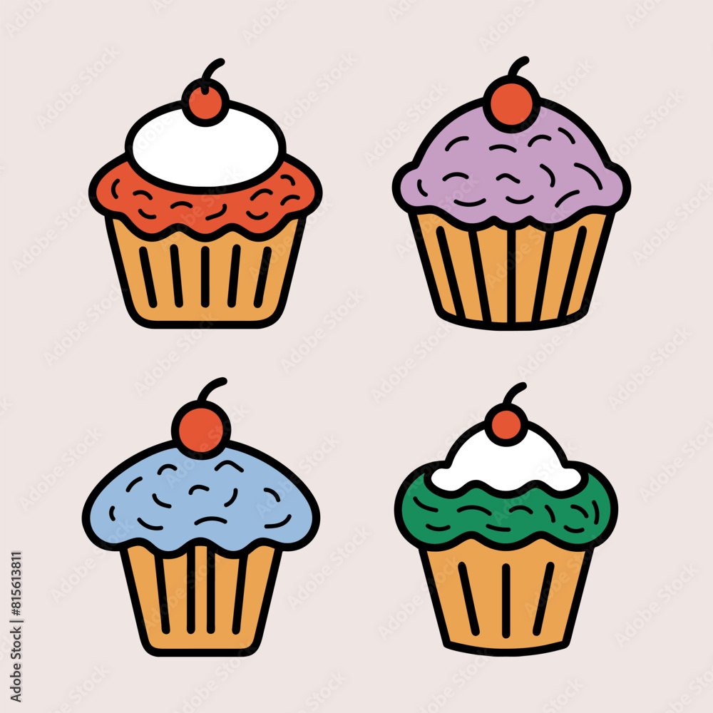 Colourful cartoon cupcakes set. Vector illustration. Isolated.
