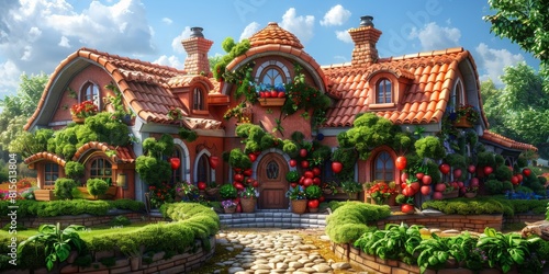 A storybook land where whimsical cartoon chefs cook healthy gourmet meals harvested from a fantasy edible ecosystem of singing fruits and vegetables photo