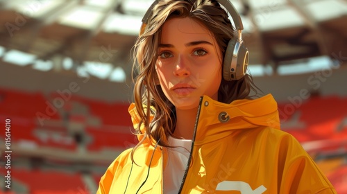 A digital illustration of a woman in a yellow sweatshirt wearing headphones at a stadium with a thoughtful expression. photo