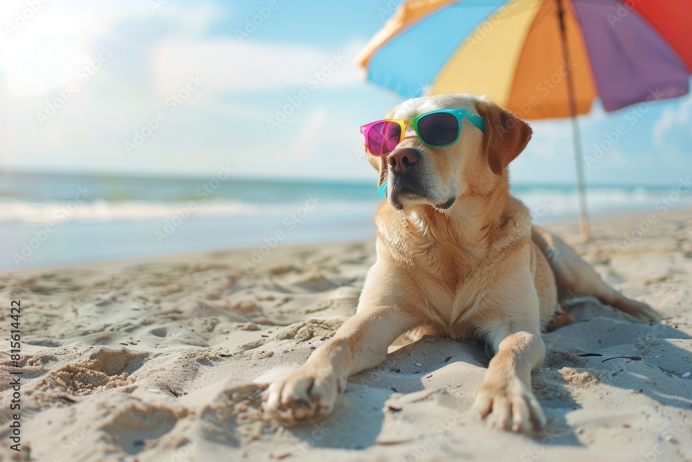Joyful Labrador retriever in multicolored sunglasses lounging on beach sand, focus on relaxation, copy space for summer messages, double exposure silhouette with a beach umbrella