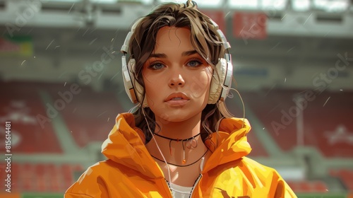 A digital illustration of a woman in an orange sweatshirt standing in a stadium wearing headphones. photo