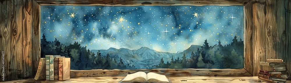 Obraz premium A watercolor of a serene cabin on another planet, with an open book on the desk showcasing the stars visible from its window