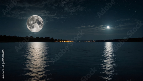 A full moon rising over a dark lake  with a bright orange sunset on the opposite horizon.  