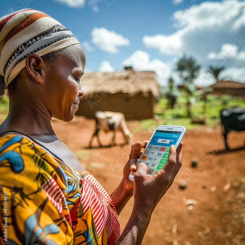 Kenyan woman uses mobile banking app, a bridge to a brighter future.  Empowered by technology in a traditional setting.