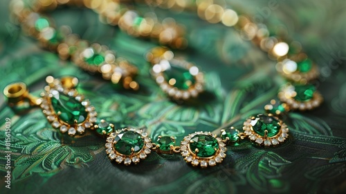 A close-up image of an emerald and diamond necklace displayed on a green patterned background.