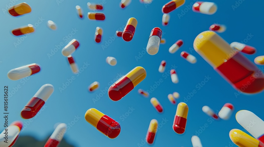 Falling multi-colored pills on a blue background, top view. Falling multi-colored pills on a blue background, top view.