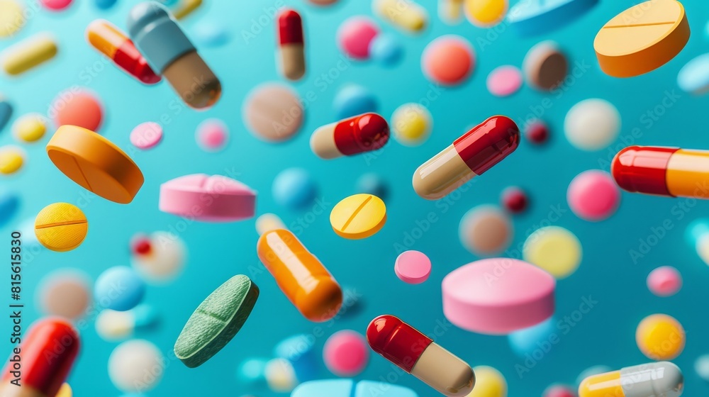 Falling multi-colored pills on a blue background, top view. Falling multi-colored pills on a blue background, top view.
