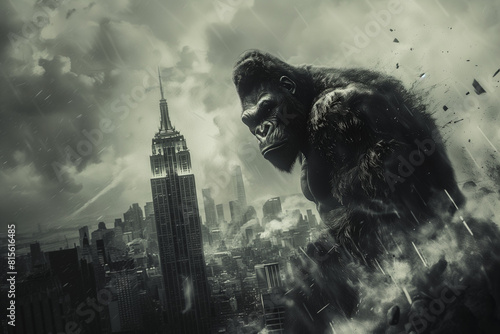 gorille geant dans la ville de new york au milieu des buildings et de l'armée