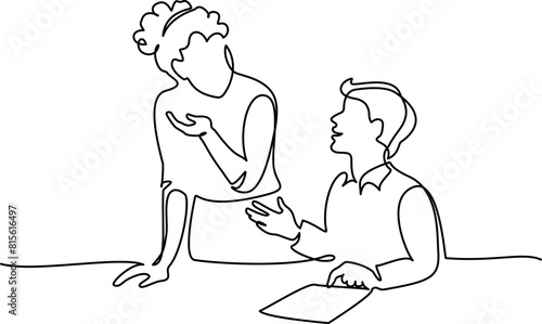 Female teacher explaining a task to a boy student. One line drawing