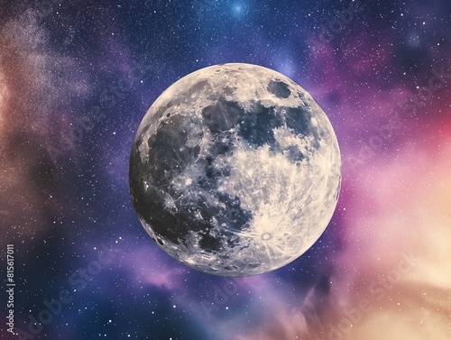 A detailed view of the moon s cratered surface with a vibrant  starry nebula in the background.