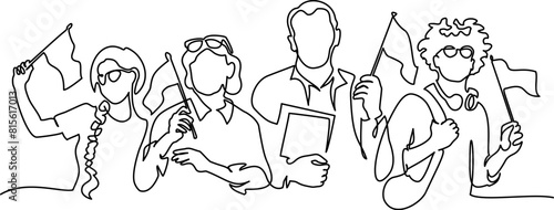 Group of people studying foreign languages and holding foreign flags.