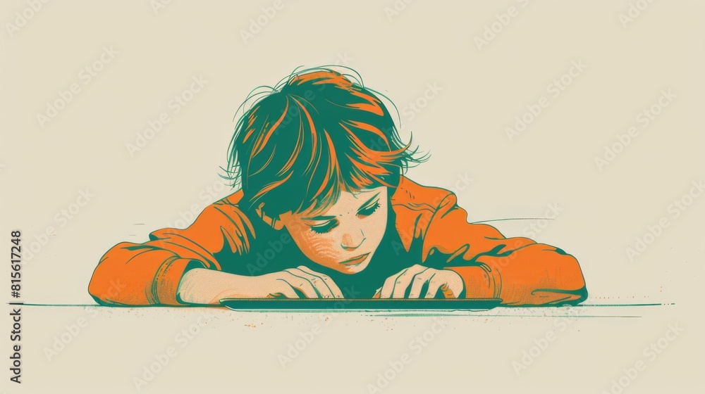 Illustration of a young boy engrossed in playing games on a tablet pc, with a focused expression. Illustration of a young boy engrossed in playing games on a tablet pc, with a focused expression.