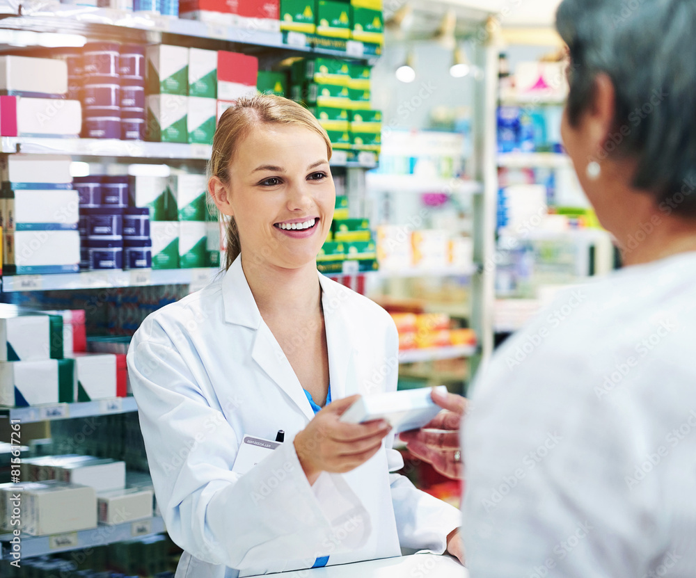 Woman, pharmacist and helping or customer medication or health advice or healthcare, sales or supplements. Female person, dispensary and shopping or antibiotic purchase with insurance, drugs or store Woman, pharmacist and helping or customer medication or health advice or healthcare, sales or supplements. Female person, dispensary and shopping or antibiotic purchase with insurance, drugs or store