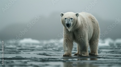 A majestic polar bear stands on a snowy, icy landscape under a gray, overcast sky, with snow gently falling around.