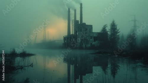 Eerie scene of an abandoned industrial factory emitting smoke into the foggy dusk sky, reflected in a still water body. © Ketsarinya