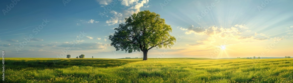 The photo shows a large tree in a field of green grass. There are white clouds in the blue sky and the sun is shining brightly. The photo shows a large tree in a field of green grass. There are white clouds in the blue sky and the sun is shining brightly.