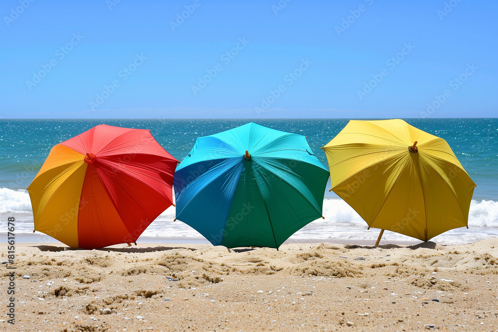 Umbrellas Beach Umbrella. A trio of colorful beach umbrellas: vacation, umbrella, trio, summer, shore, shade, rainbow, outdoors, ocean, colourful