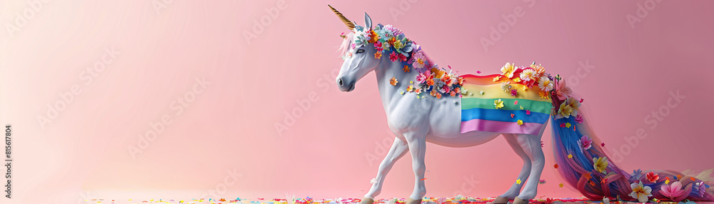 Featuring a minimalist pastel background, a cute unicorn decorated with