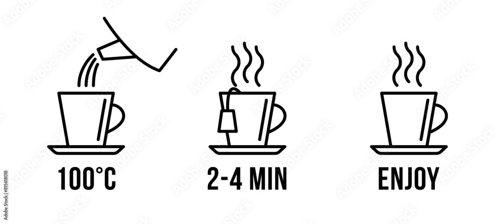 Tea brewing instruction icon set. Tea making steps for product packaging. Hot drink preparation vector illustration. Tea brewing instruction icon set. Tea making steps for product packaging. Hot drink preparation vector illustration.