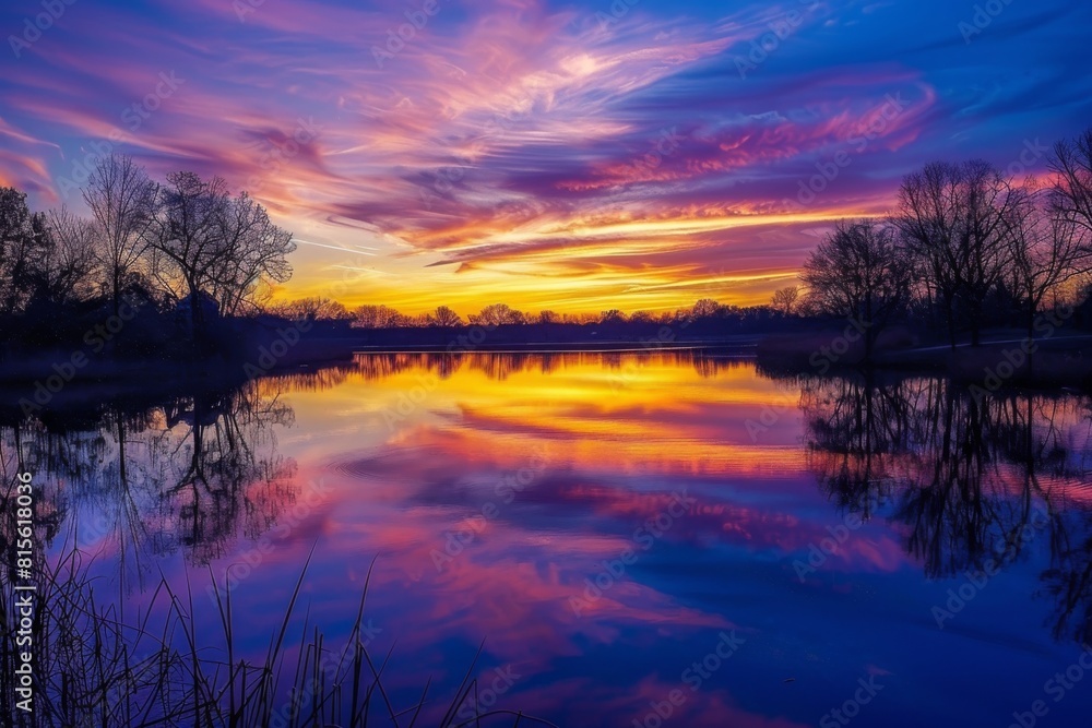 Fototapeta premium A serene lakeside scene with a vibrant sunset reflecting off the water