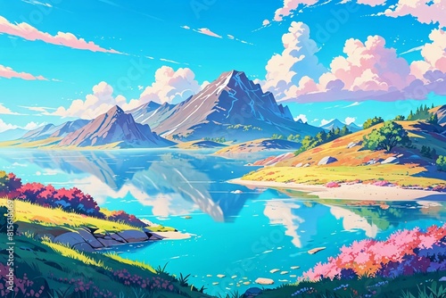 Rolling Hills and Crystal Clear Lake: Anime Style Landscape